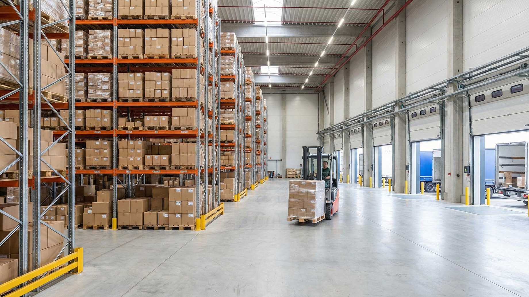 A wide-angle view of a spacious, well-organized industrial warehouse interior with tall pallet racking systems packed with inventory reaching the ceiling. A forklift operator moves a pallet down a wide concrete aisle toward several loading dock doors with trucks visible outside.
