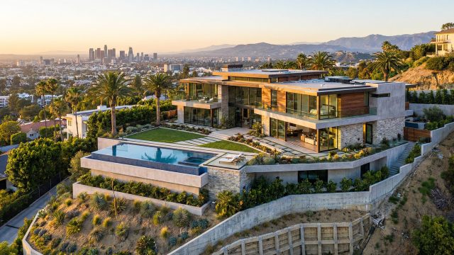 A sprawling modern luxury home perched on a steep Los Angeles hillside featuring reinforced retaining walls and a swimming pool, overlooking the downtown skyline at sunset.