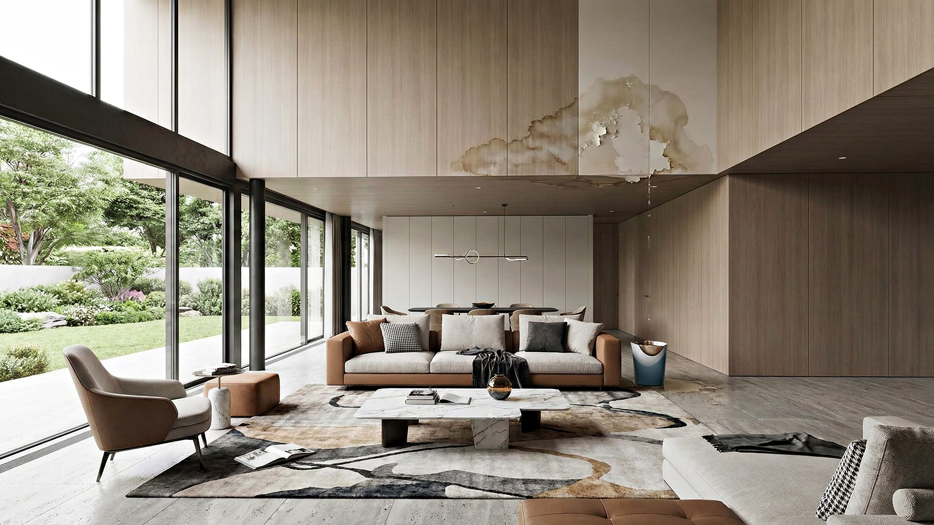A spacious, modern luxury living room featuring floor-to-ceiling windows and elegant wood paneling, marred by a large, discolored water stain spreading across the ceiling, with a bucket placed on the floor to catch the dripping water.