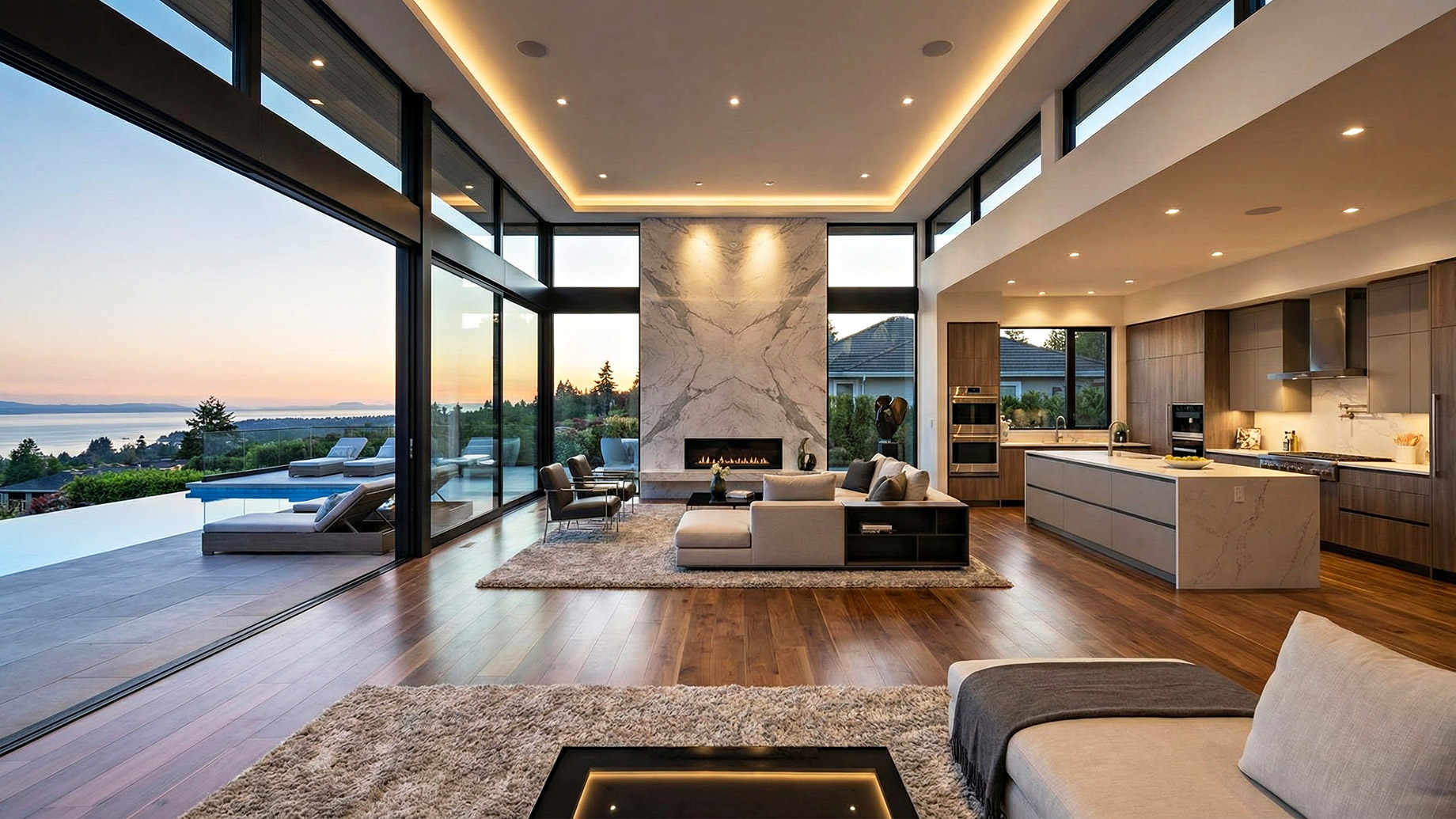 Expansive modern luxury living room featuring floor-to-ceiling windows with a sunset view, a marble fireplace, and seamless indoor-outdoor access to an infinity pool.