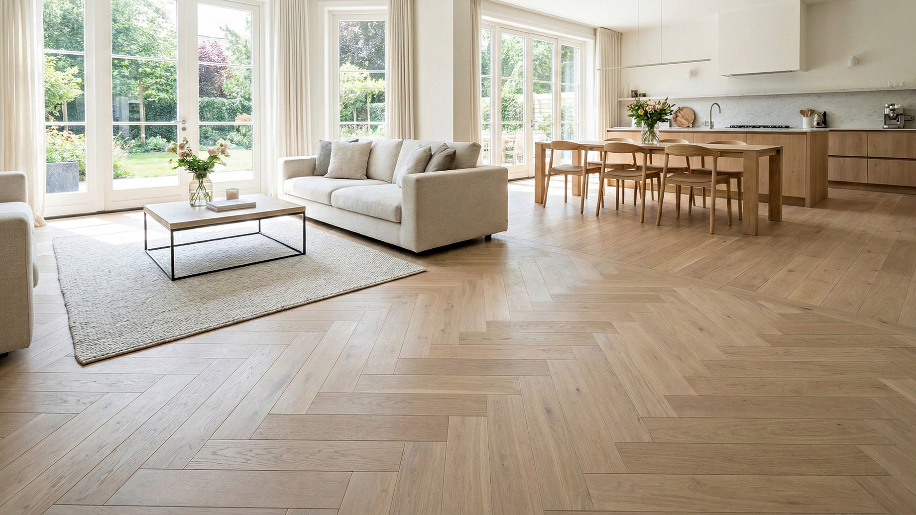 A spacious, sunlit open-concept living area featuring light neutral wide-plank hardwood flooring with a seamless transition into a custom herringbone pattern. The room showcases a matte finish floor, modern beige furniture, floor-to-ceiling windows, and a cohesive flow between the living and kitchen spaces.