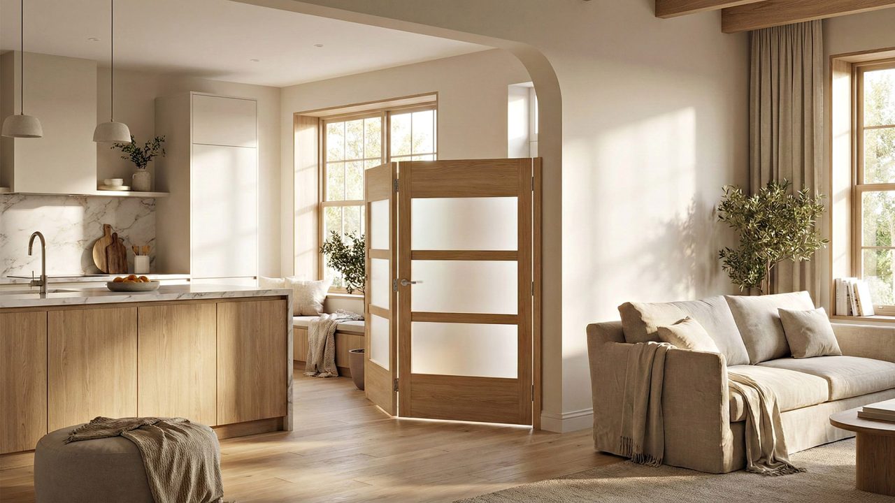 Elegant light wood saloon doors with frosted glass panels gently swinging open between a modern kitchen and a sunny living room, illustrating how swinging doors maintain flow and light in open-plan home design.