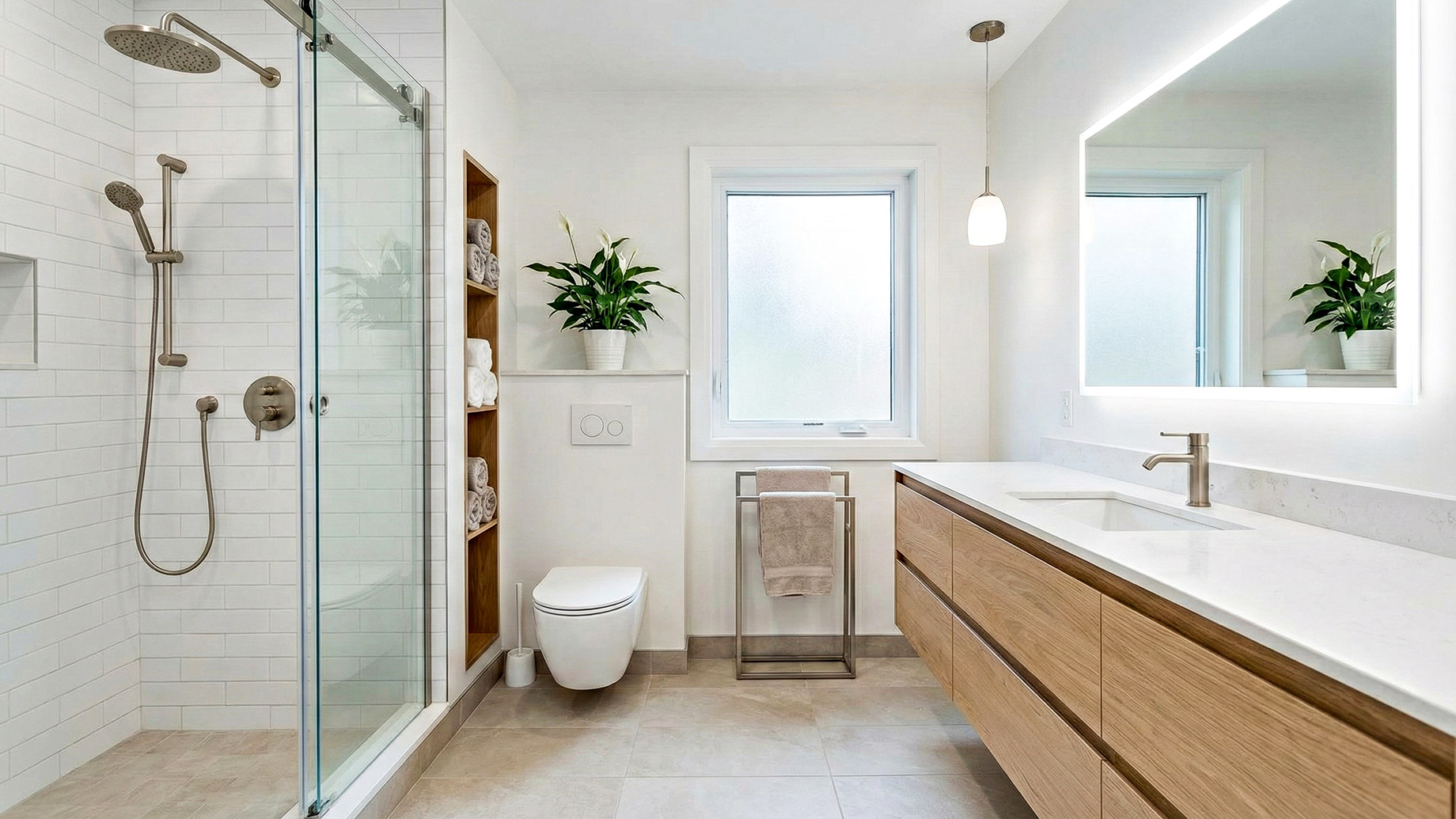 A bright, compact bathroom featuring a floating wood vanity, glass-enclosed shower, and neutral stone countertops. The space is illuminated by natural light from a window and includes a potted peace lily, illustrating efficient layout choices that add long-term home value.