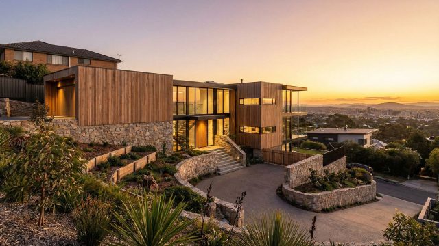 A contemporary multi-level house built on a steep hillside, featuring natural timber cladding, floor-to-ceiling glass windows, and tiered stone retaining walls. The architectural design integrates with the sloping terrain, offering a panoramic view of a city valley during a golden sunset.