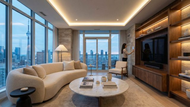A woman adjusts a smart home control panel in a luxurious modern Toronto condo featuring floor-to-ceiling windows with a skyline view of the CN Tower. The living space includes a curved cream sofa, a marble coffee table, and custom walnut millwork with integrated lighting.