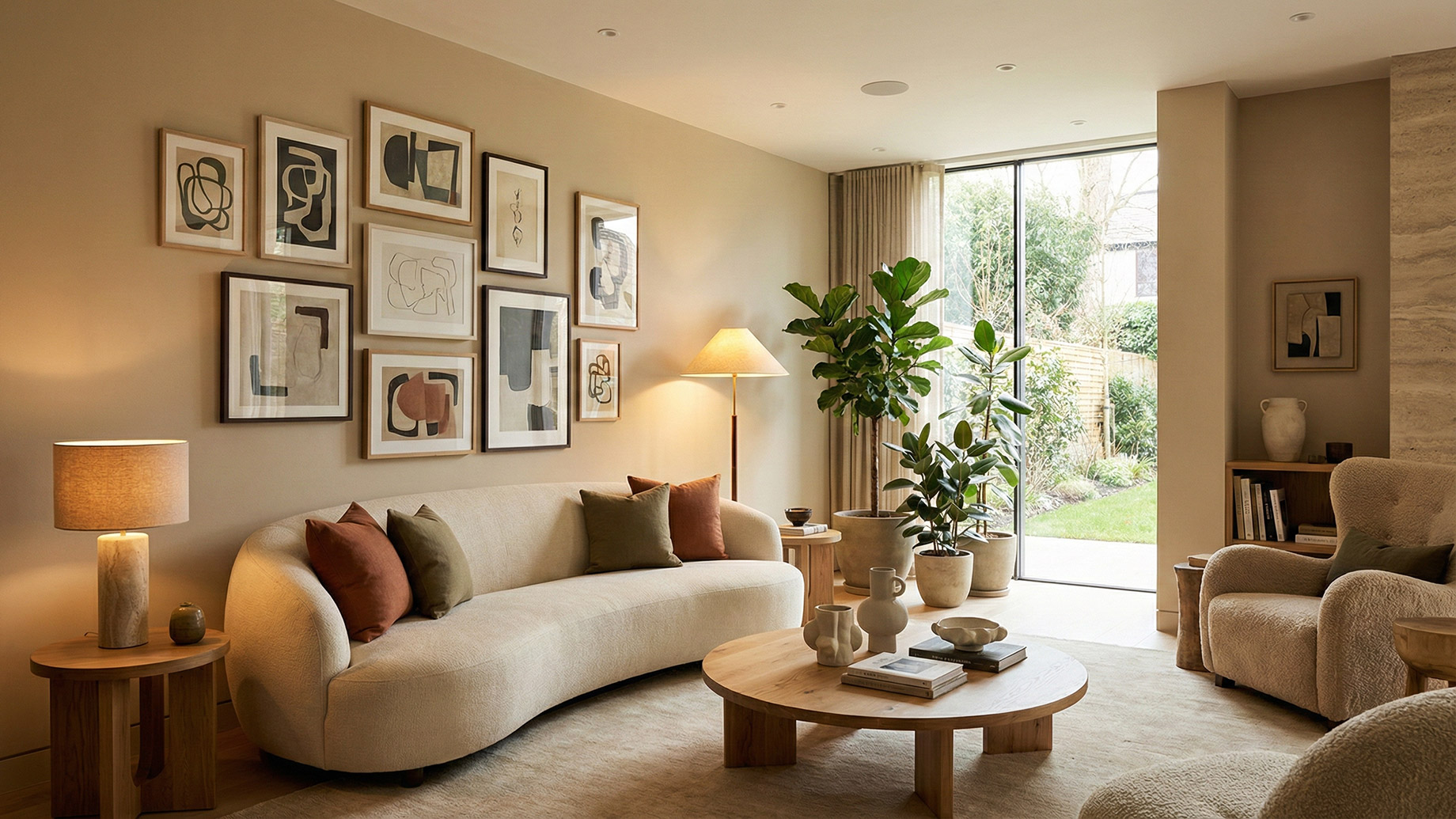 A luxurious, modern living room showcasing warm minimalism. The space features a curved, cream-colored sofa with earth-toned pillows, a large round natural wood coffee table, and layered lighting from a table lamp and floor lamp. A gallery wall with various abstract art prints hangs above the sofa. Large potted plants are placed near a floor-to-ceiling window leading to a garden, and a cozy reading nook with plush armchairs is in the corner. The color palette is dominated by warm beiges, creams, and natural wood textures.
