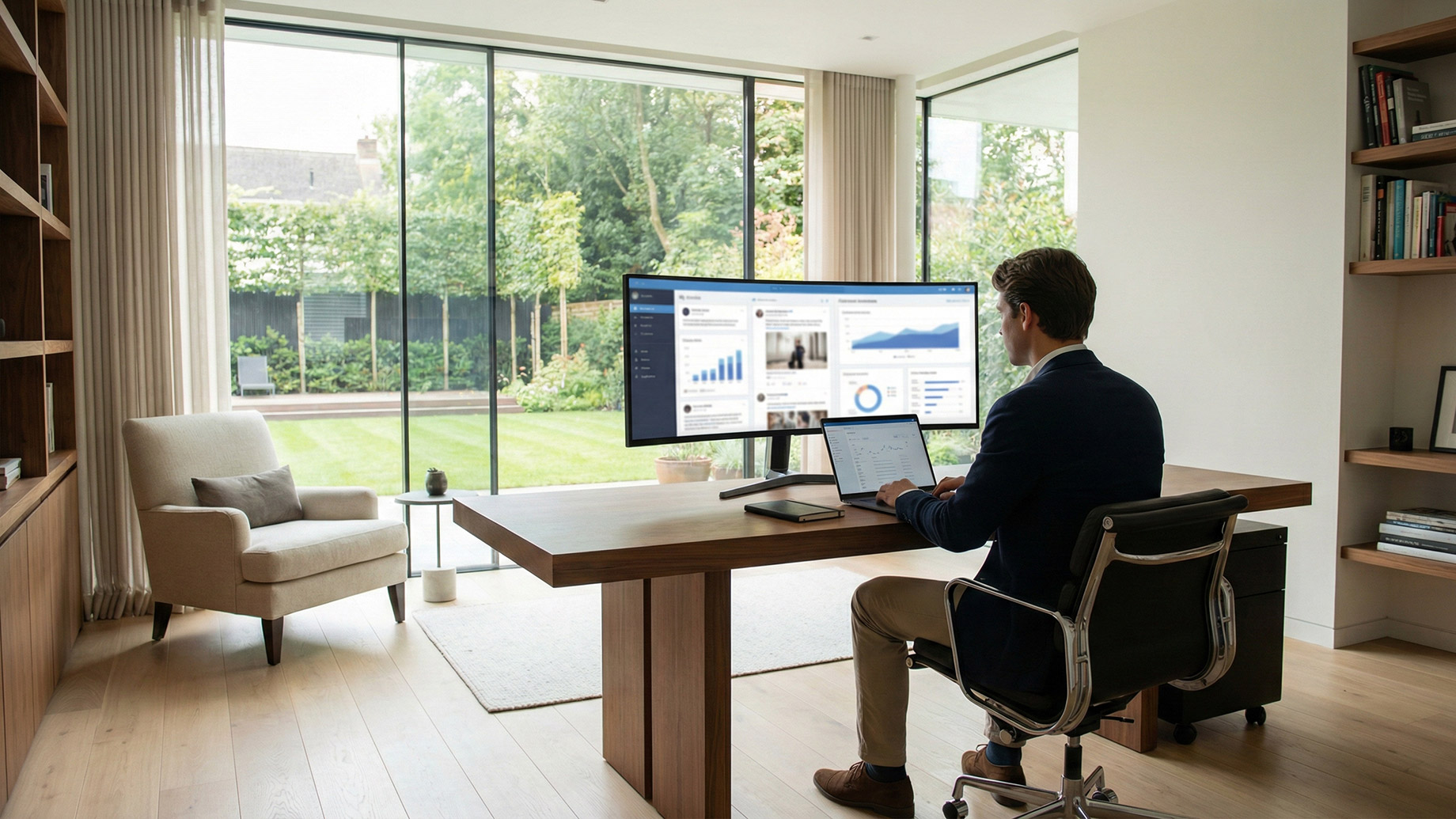 A man in a modern luxury home office, sitting at a wooden desk and using a laptop and large curved monitor to view reputation management data and analytics, illustrating a brand monitoring platform like Grow Reviews.