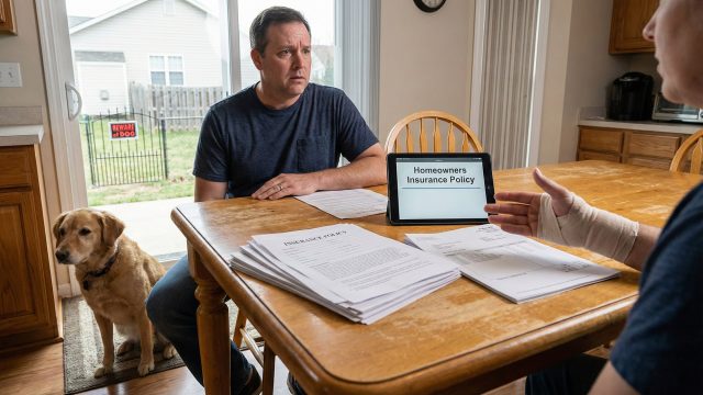 A concerned homeowner sitting at a kitchen table reviewing insurance policy documents and liability limits on a tablet, with a dog sitting calmly in the background, illustrating the complexity of handling dog bite claims and understanding coverage.