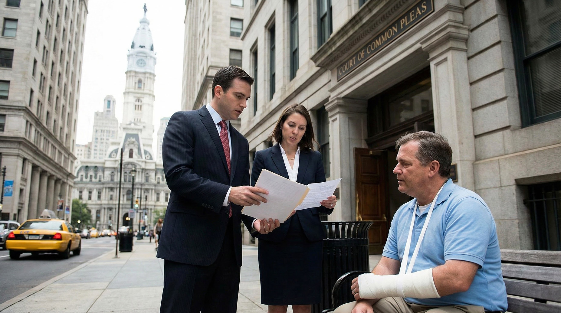 A male and female personal injury attorney standing on a Philadelphia street near City Hall, reviewing legal documents with a client who is sitting on a bench with his arm in a cast and sling.