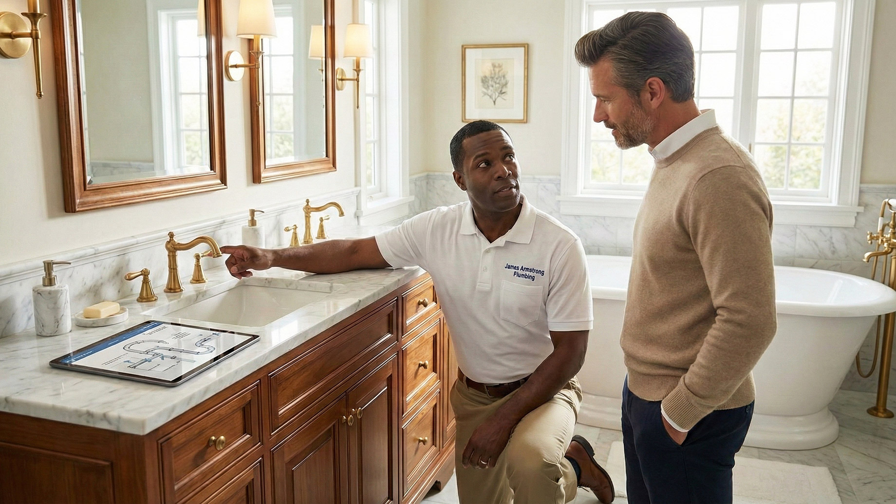 A plumber wearing a white polo shirt with the logo 'Janet Armstrong Plumbing' kneels next to a marble vanity, pointing to a gold faucet while talking with a male homeowner standing beside him in a luxury bathroom. A tablet showing a plumbing diagram rests on the counter.