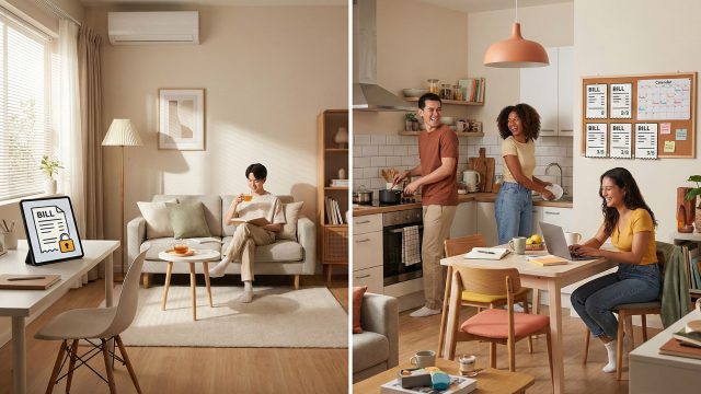 A split-screen image contrasting two types of apartment living. The left side depicts a single person relaxing in a quiet, tidy private living room, emphasizing solitude and independence. The right side shows a lively scene with three roommates sharing a kitchen and dining space, cooking and interacting together, highlighting the social atmosphere and shared responsibilities of co-living.