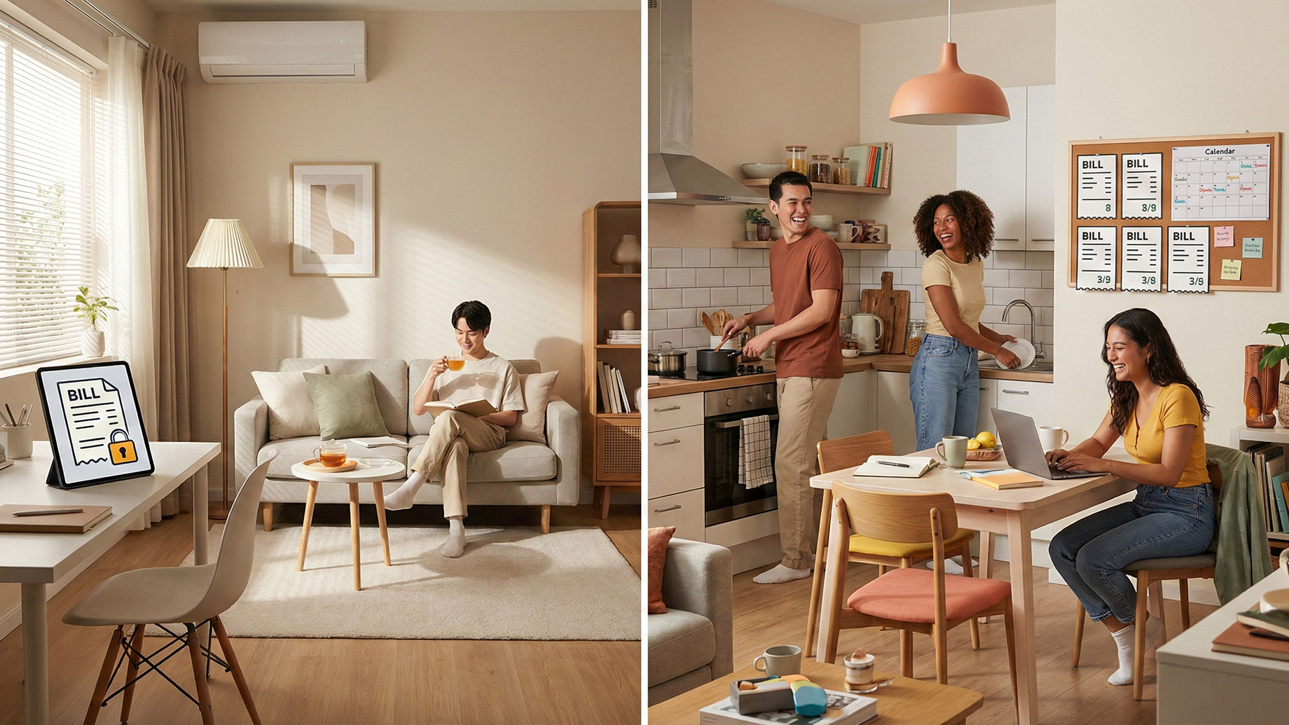 A split-screen image contrasting two types of apartment living. The left side depicts a single person relaxing in a quiet, tidy private living room, emphasizing solitude and independence. The right side shows a lively scene with three roommates sharing a kitchen and dining space, cooking and interacting together, highlighting the social atmosphere and shared responsibilities of co-living.