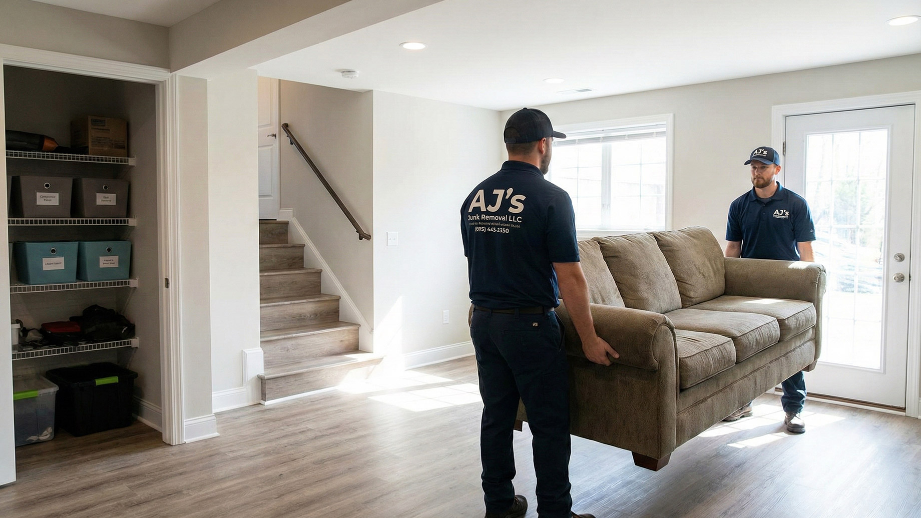 A branded Bear Claw Land Services truck with a forestry mulcher attachment is parked on a dirt road next to a person. A large section of land has been recently cleared of brush, with a forest and mountain range in the background under a clear blue sky.