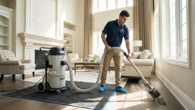 A professional technician from Sai Air Duct, wearing a branded polo and shoe covers, uses a large HEPA vacuum machine to clean a floor air register in a sunlit luxury living room. Dust is visible being pulled from the vent.