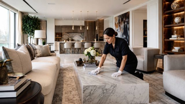 Cleaning specialist polishing a marble coffee table inside an elegant open-plan living room with refined furnishings and custom finishes.