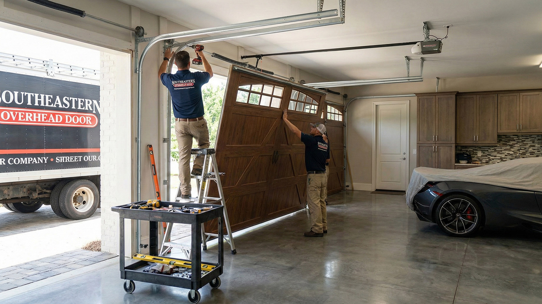 Two technicians in branded uniforms installing a large, wood-style garage door in a spacious luxury garage. One technician stands on a ladder adjusting the tracks while the other supports the door panel. A service truck with the 'Southeastern Overhead Door' logo is visible outside through the open bay.