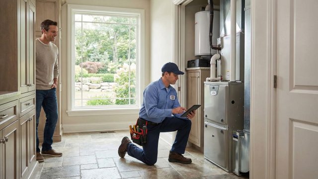 A professional HVAC technician in a blue uniform and cap kneels in front of a modern residential heating unit, using a tablet to record inspection data. A smiling male homeowner stands nearby in a bright, tiled hallway with a large window, observing the routine maintenance service.