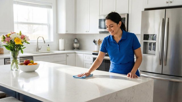 A woman in a blue professional cleaning uniform and apron smiles as she wipes down a white quartz kitchen island countertop with a cloth. The kitchen is bright and modern, with flowers and fruit on the island.