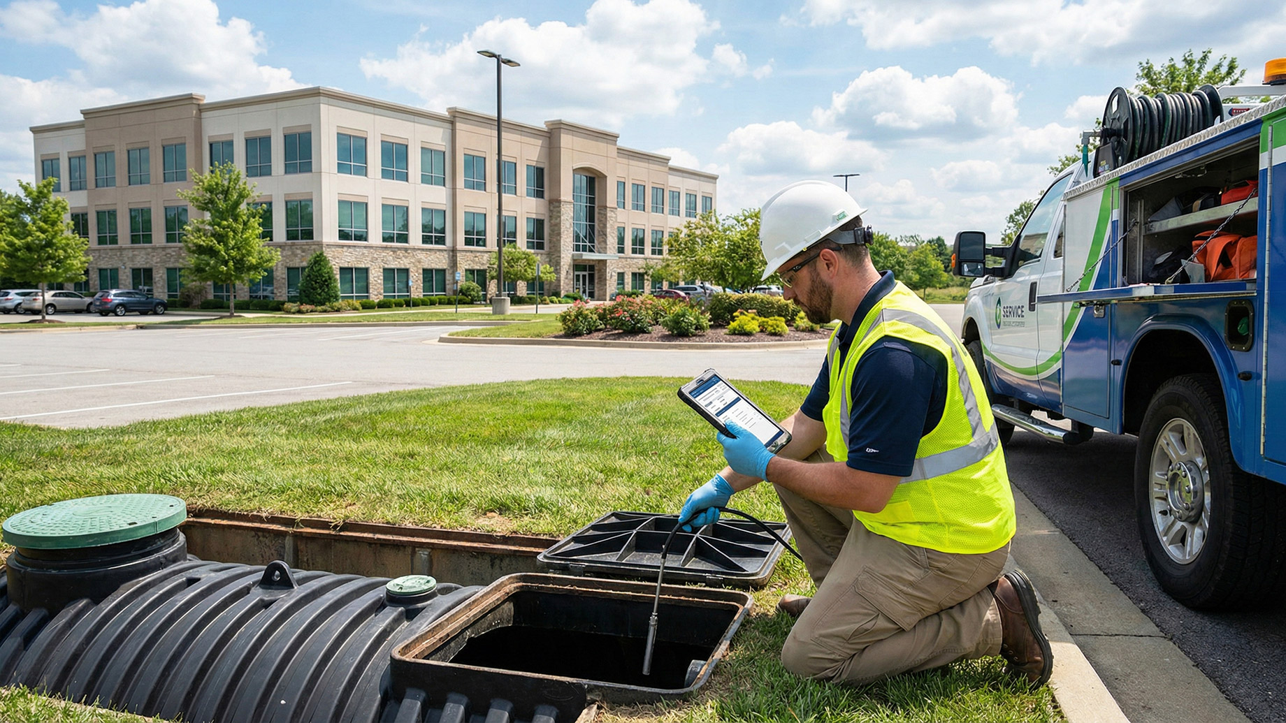 A professional septic technician in a safety vest and hard hat inspects a commercial septic tank outside a large office building using a digital tablet and probe. A service truck is parked nearby on a sunny day.