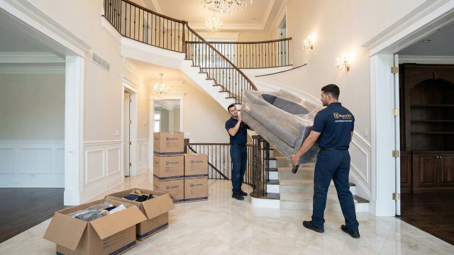 Two professional movers in dark uniforms and caps are carefully carrying a large, shrink-wrapped sofa up a curved staircase in the grand foyer of a luxury home. Several stacked cardboard moving boxes are on the marble floor below. The home features high ceilings, a chandelier, and elegant white wainscoting.