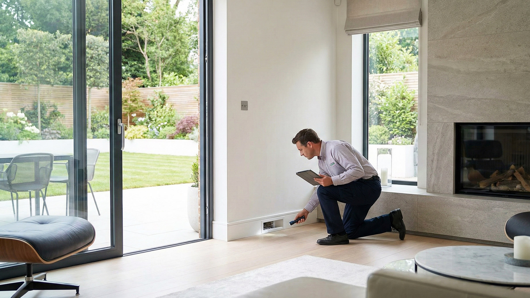A uniformed pest control technician kneels on a wooden floor, using a flashlight to inspect a floor vent while holding a tablet. He is inside a modern, brightly lit living room with a fireplace and large glass doors opening onto a landscaped garden patio.
