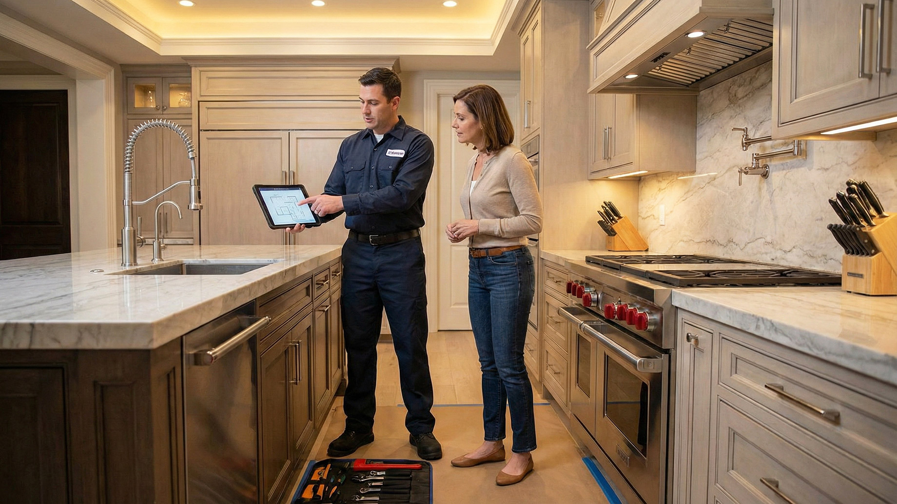 A uniformed male plumber in a high-end kitchen with marble countertops and stainless steel appliances is showing a digital diagram on a tablet to a female homeowner. Tools are visible in a case on the floor.