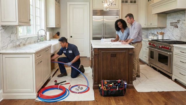 A male technician in a uniform kneels and installs red and blue PEX piping under a kitchen sink, while a couple, a Black woman and a white man, stand at a nearby island reviewing blueprints. Tools, coils of tubing, and drop cloths are arranged on the hardwood floor of the spacious, modern kitchen.
