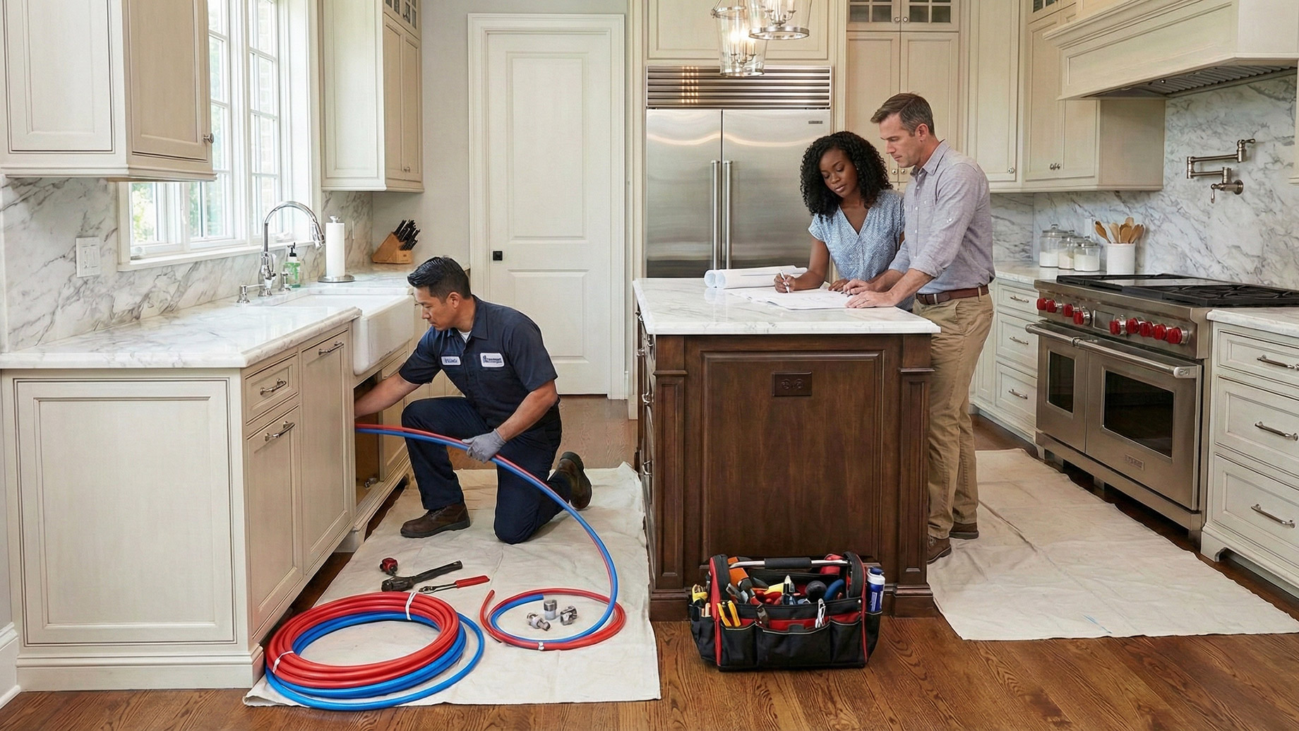A male technician in a uniform kneels and installs red and blue PEX piping under a kitchen sink, while a couple, a Black woman and a white man, stand at a nearby island reviewing blueprints. Tools, coils of tubing, and drop cloths are arranged on the hardwood floor of the spacious, modern kitchen.