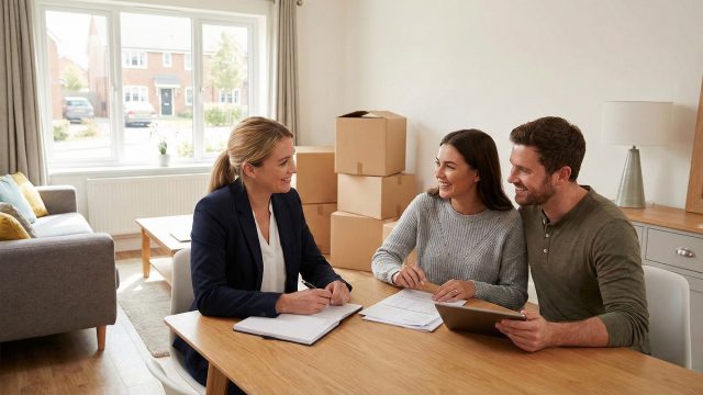 A professional female real estate agent in a navy blazer sits at a wooden table with a smiling young couple, reviewing paperwork and a tablet. The bright, modern living room features stacked moving boxes in the background, representing a successful and organized moving process.