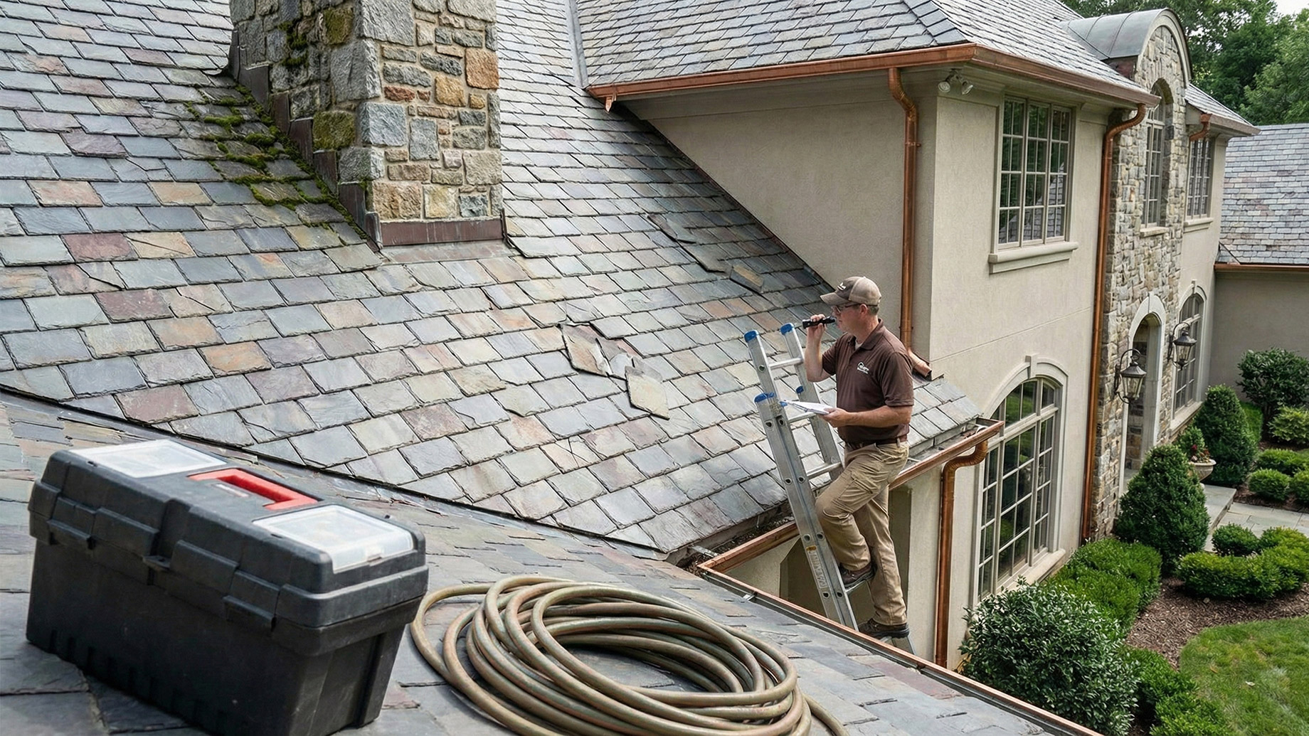 A professional roof inspector on a ladder examining a luxury home's slate roof for common issues like moss growth and damaged tiles, with a toolbox and hose lying in the foreground.