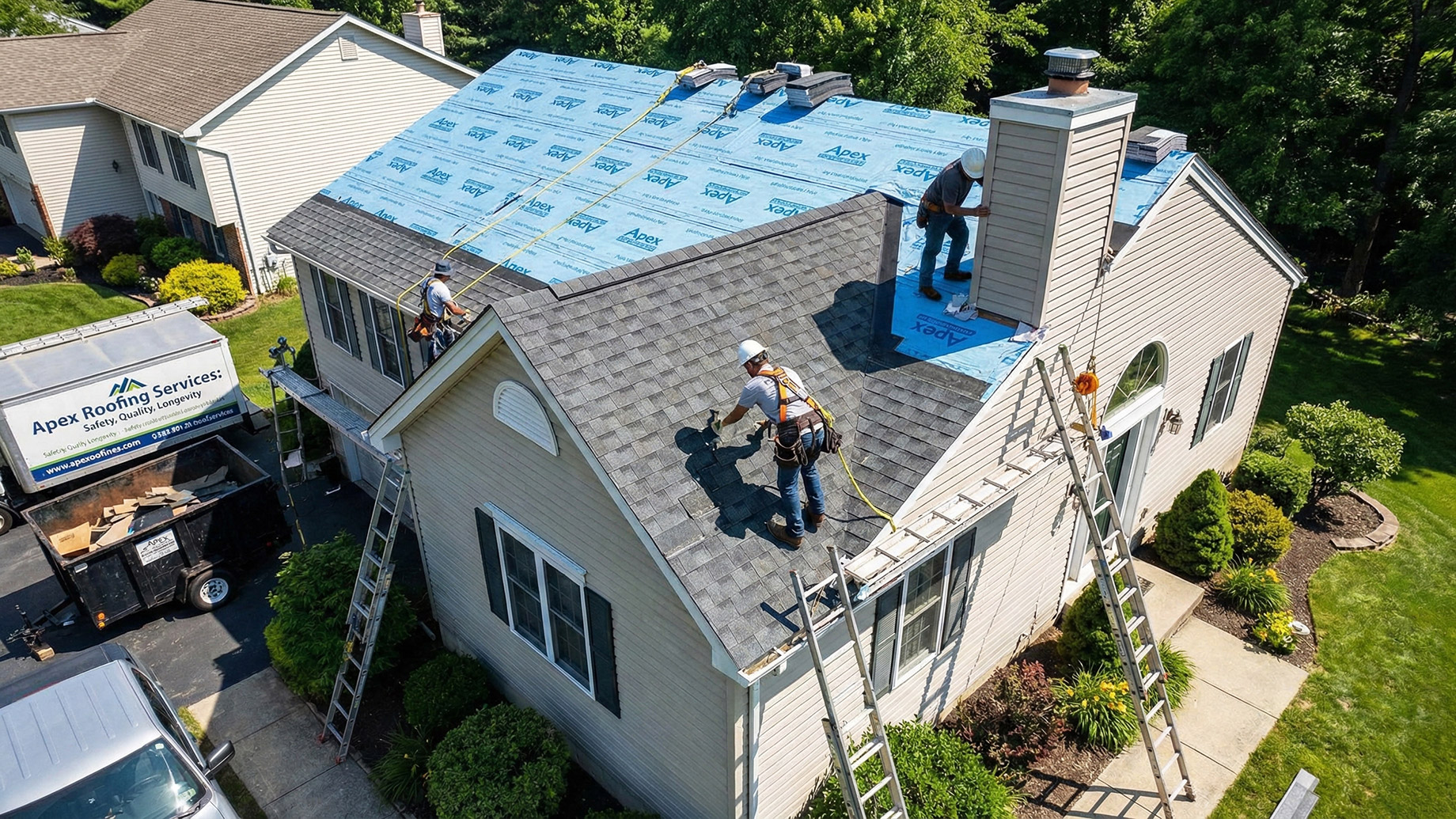 An aerial view of a professional roofing team from "Apex Roofing Services" working on a residential home. Three roofers wearing safety harnesses are on the roof, one installing new asphalt shingles over blue underlayment, while others work near a chimney. A company truck, a dumpster filled with old materials, and ladders are visible in the driveway.