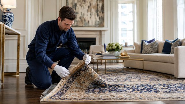 Rug care specialist examining the fringe and weave of an ornate blue and gold area rug inside an elegant Philadelphia residence.