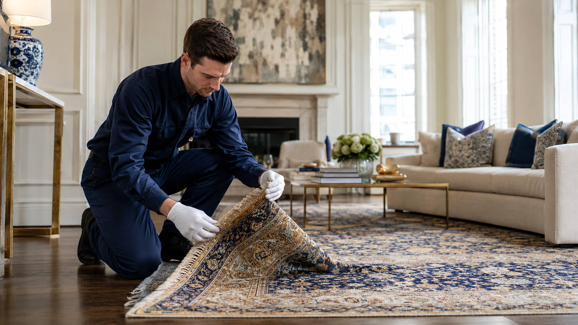 Rug care specialist examining the fringe and weave of an ornate blue and gold area rug inside an elegant Philadelphia residence.