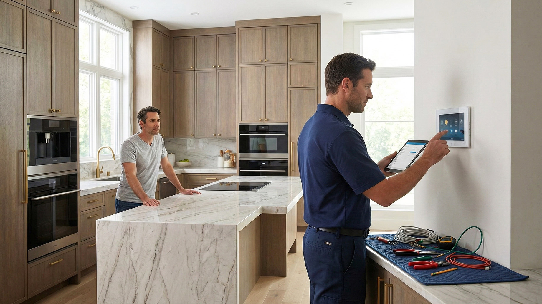 A professional technician in a blue uniform uses a tablet to configure a wall-mounted smart home security and control panel, while the homeowner watches from a marble island in a spacious, modern kitchen with wood cabinetry. Tools are laid out on a mat next to the panel.