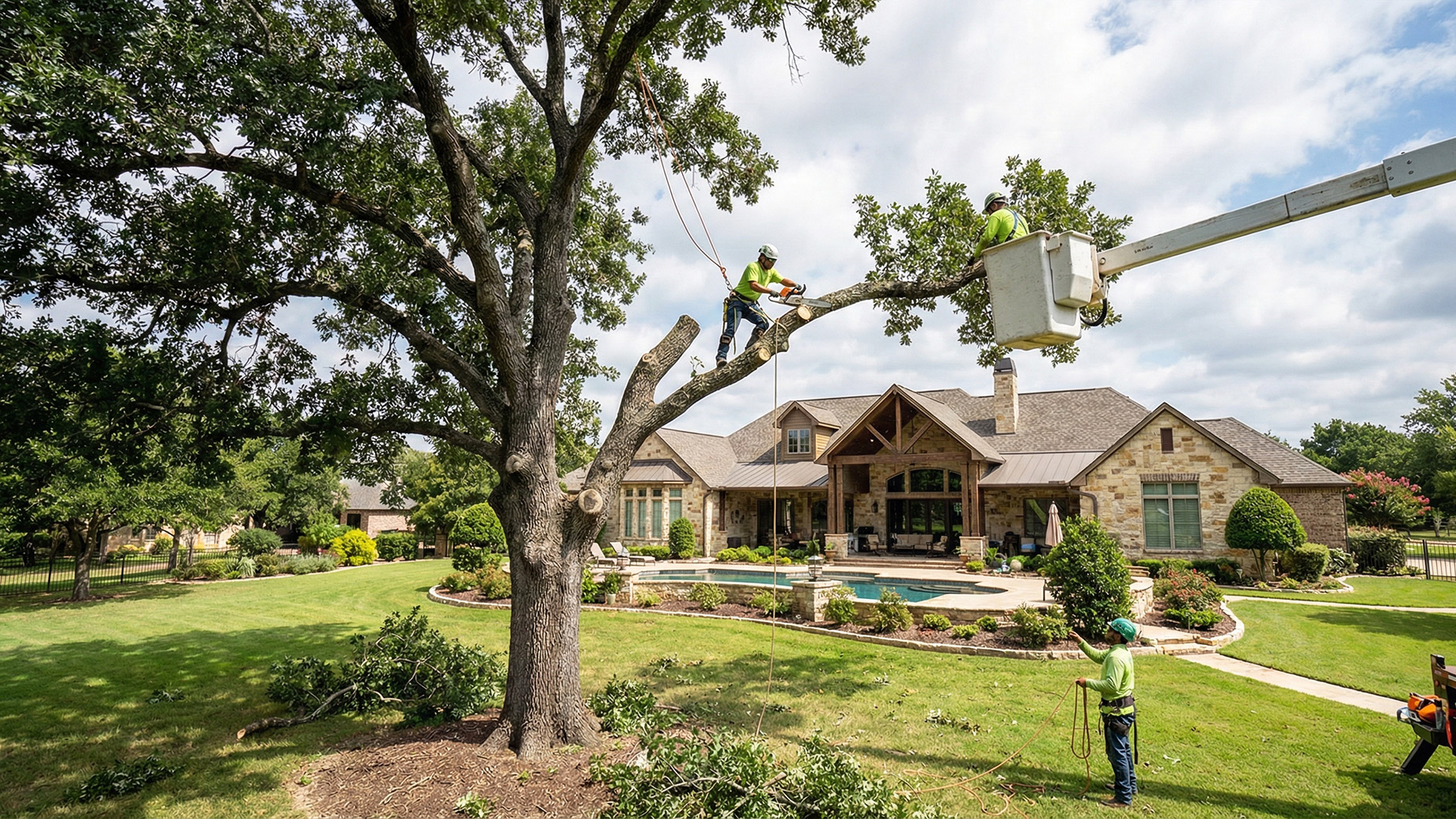 A wide-angle landscape photograph shows a professional tree service crew working on a large, mature oak tree in the expansive backyard of a luxury residence under a partly cloudy sky. One arborist is in a white lift bucket high up, using a chainsaw to trim a large branch, which is being guided by a rope held by another worker on the ground. Cut branches and debris are on the green lawn. The large house made of stone and wood with a pool and patio is in the background.