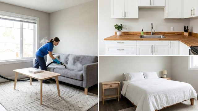 A three-panel collage showing professional home cleaning. On the left, a woman in a blue shirt and gloves uses a steam cleaner on a grey sofa in a sunlit living room. The top-right panel shows a clean, minimalist kitchen with white cabinets, a butcher block countertop, a stainless steel sink, and a small potted plant. The bottom-right panel displays a tidy bedroom with a bed made with white linen, a light wood nightstand, and a small lamp.