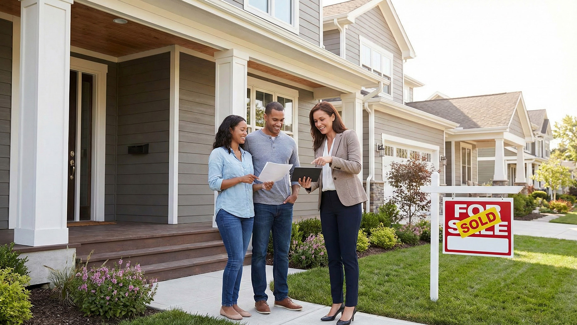 A professional real estate agent standing in front of a residential home with a smiling couple, reviewing property details on a tablet near a sold sign, illustrating expert guidance for buying and selling real estate.