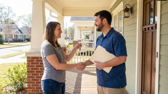 Real Estate Transaction Handshake on Front Porch