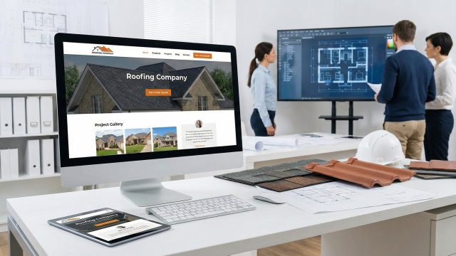A desktop computer monitor and a tablet display a professional "Roofing Company" website with a "Get a Free Quote" button. The devices are on a white desk with roofing tiles, shingles, and blueprints. In the background, a team of three professionals discusses architectural plans displayed on a large screen.