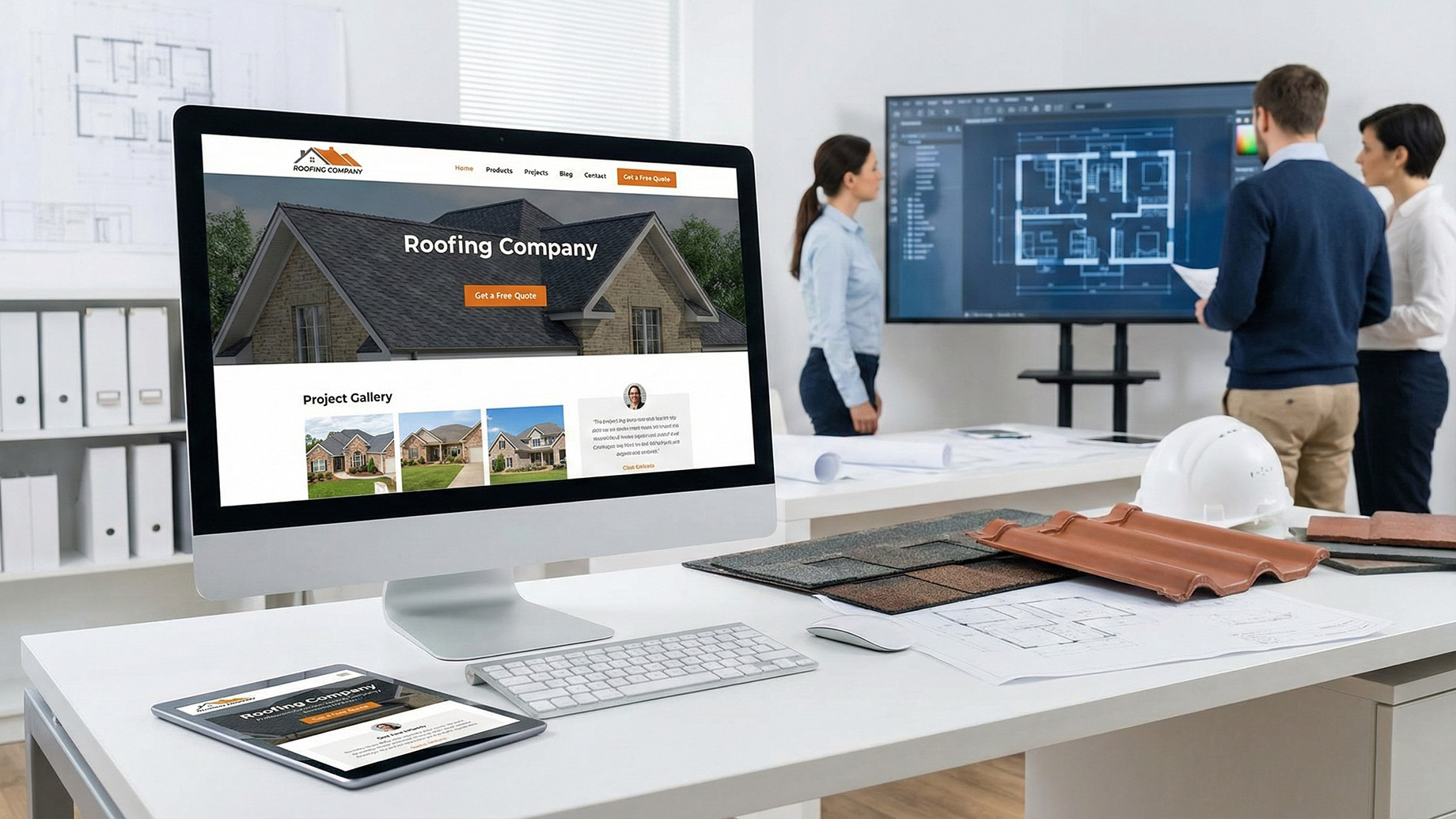 A desktop computer monitor and a tablet display a professional "Roofing Company" website with a "Get a Free Quote" button. The devices are on a white desk with roofing tiles, shingles, and blueprints. In the background, a team of three professionals discusses architectural plans displayed on a large screen.