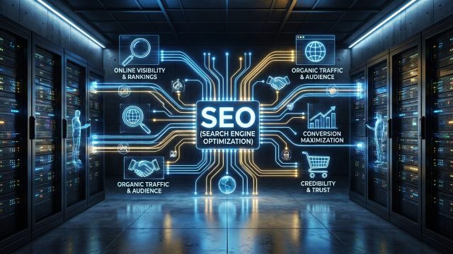 A wide digital infographic showing SEO at the center of a futuristic marketing network. Glowing data lines connect the central "SEO" hub to key branches including "Online Visibility & Rankings," "Organic Traffic & Audience," "Conversion Maximization," and "Credibility & Trust." The design features high-tech elements like data servers, a glowing globe, magnifying glasses, and diverse user icons against a dark blue digital city skyline.