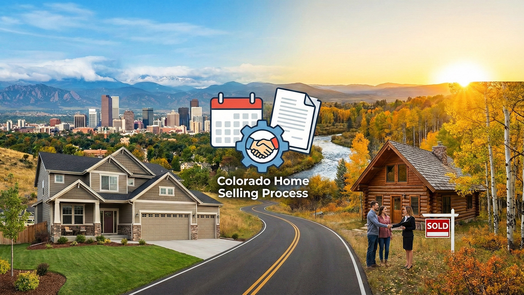 An illustration representing the process of selling a house in Colorado, featuring a split scene with a suburban home near the Denver skyline on the left and a rustic mountain cabin on the right, connected by a winding road to symbolize the diverse local market.