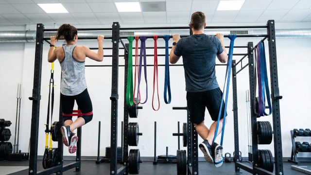 A split view in a gym showing a woman performing a pull-up with a short red resistance band around her legs, next to a man performing a pull-up using a long blue resistance band looped over the bar and under his foot for assistance.