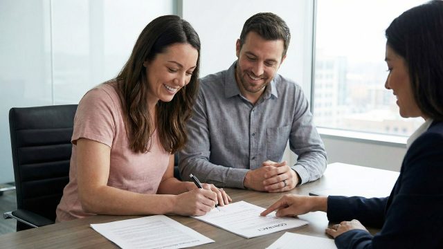 A couple is seated at a conference table, smiling as they sign real estate closing documents under the guidance of a professional.