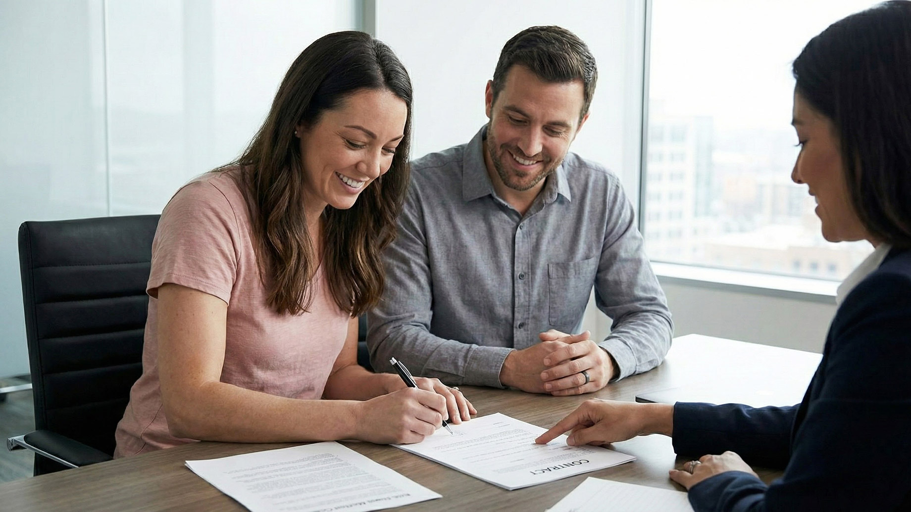 A couple is seated at a conference table, smiling as they sign real estate closing documents under the guidance of a professional.