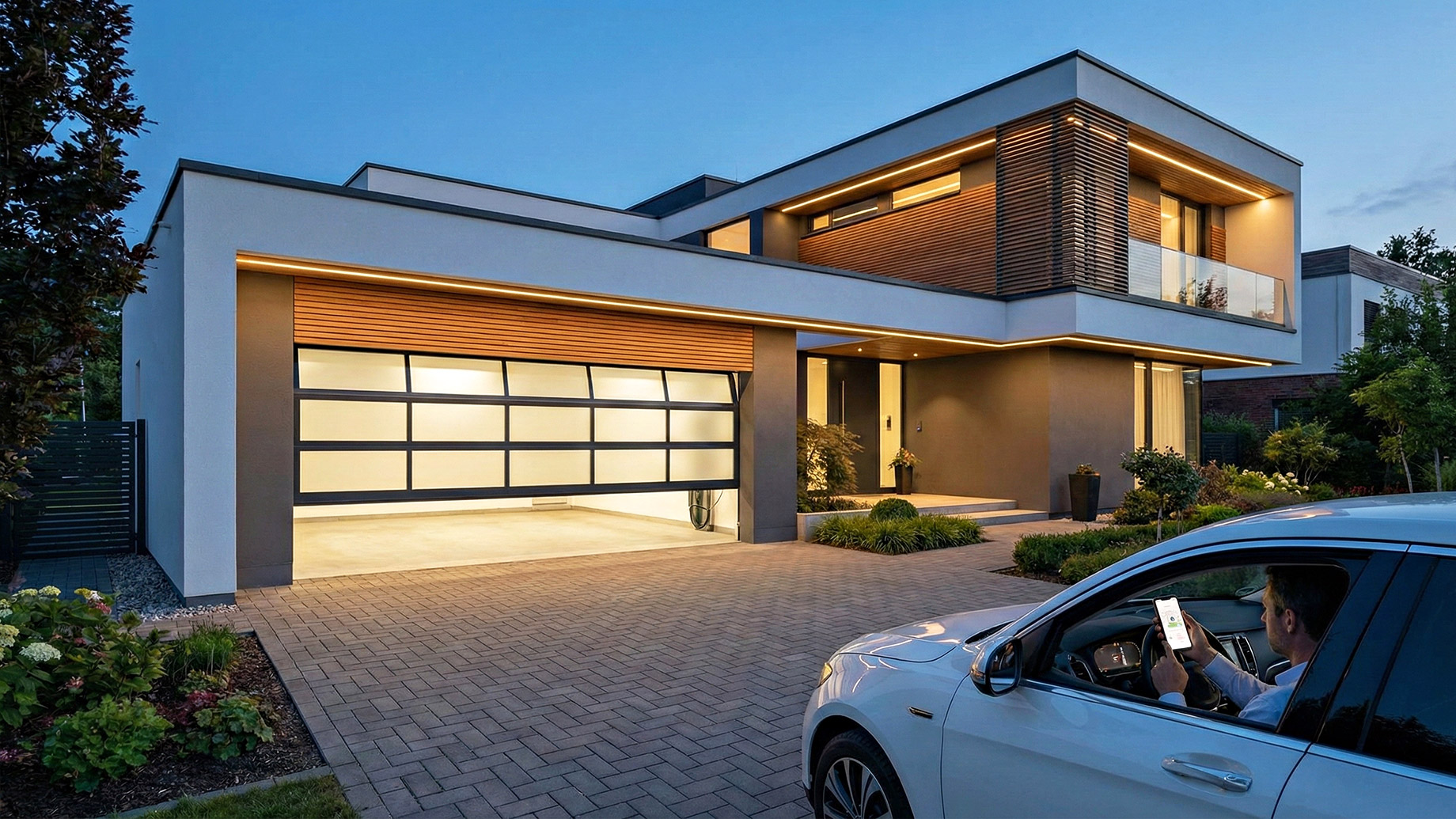 A man in a white car on a paved driveway at night uses a smartphone with a smart home app to remotely control the modern, illuminated sectional garage door of a contemporary house. The house features warm exterior lighting and large glass windows.