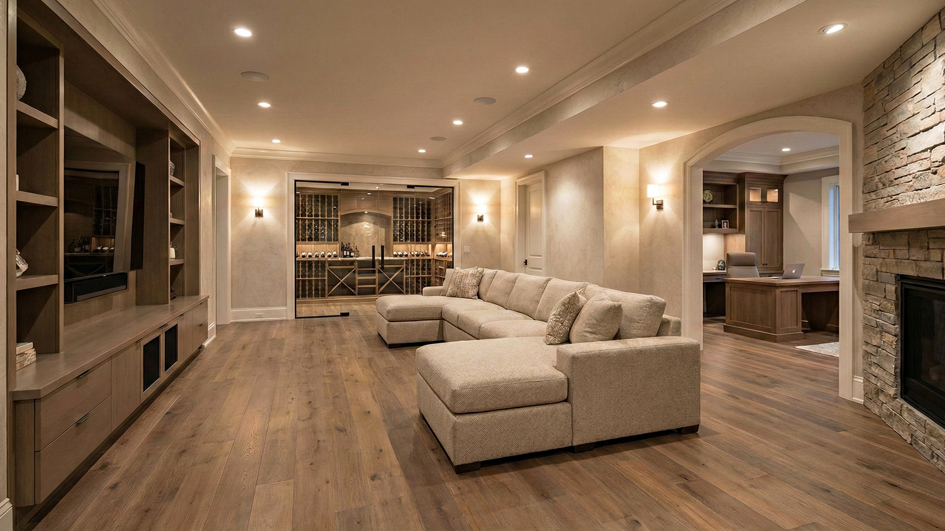 A professionally remodeled luxury basement featuring a warm, neutral color palette and high-end materials. The space includes a large beige sectional sofa on wide-plank engineered hardwood floors, layered lighting with recessed ceiling fixtures and wall sconces, and custom built-in cabinetry. An arched doorway leads to a dedicated home office, while a stone fireplace and integrated media center anchor the living area, creating a seamless and high-end atmosphere.