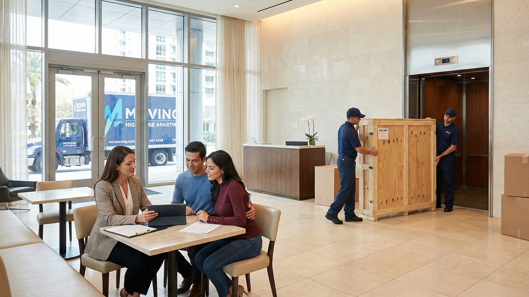 A professional moving broker reviews a digital move plan on a tablet with a couple in a modern high-rise lobby. In the background, two uniformed movers carefully load a large wooden art crate into a freight elevator, with a moving truck visible outside the window.