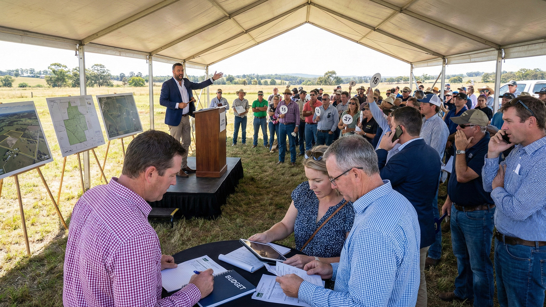 An auctioneer stands at a podium conducting a live outdoor land auction under a white tent, while a crowd of engaged bidders holds paddles and reviews property documents.