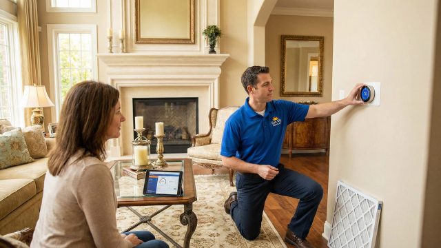A Sun Up Services heating technician in a blue polo shirt kneels to adjust a smart thermostat on a wall, while a female homeowner sits in a luxury living room and watches. A tablet with heating data and a new air filter are nearby.